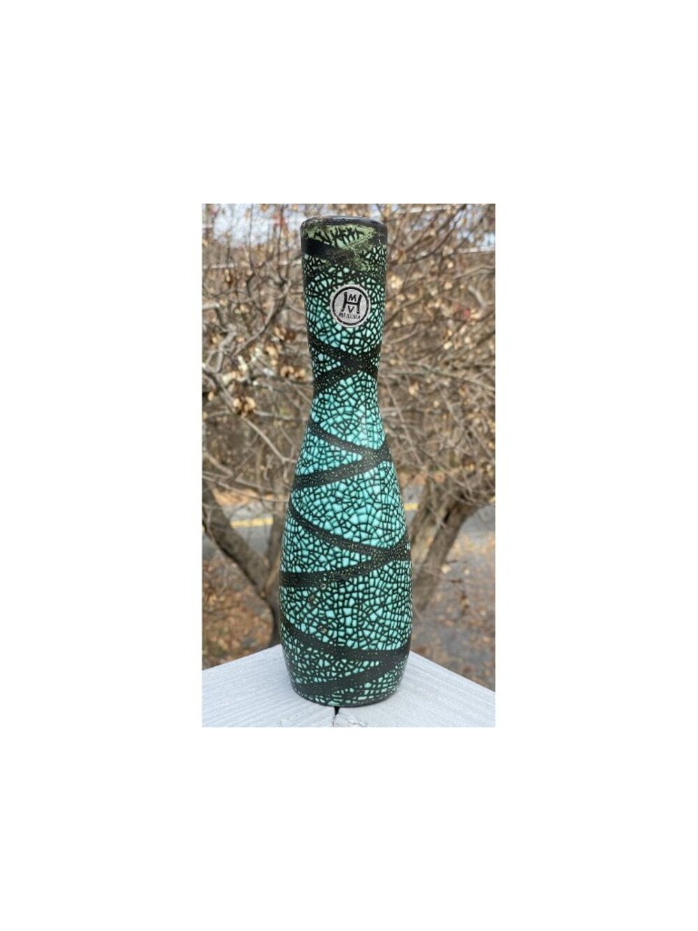 Vintage HMV Hungarian Majolika Majolica Ceramic Turquoise Crackle Glazed Vase